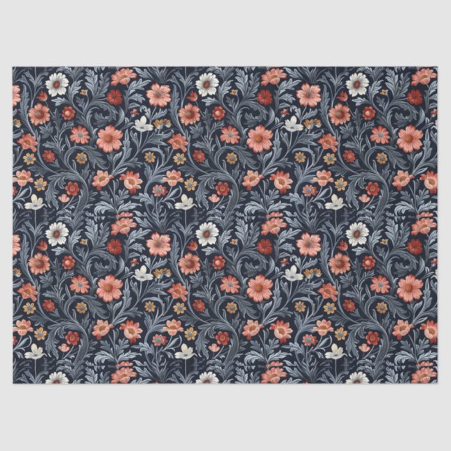Papier Mousseline William Morris d'inspiration bleu marine rose pâle (Recto)