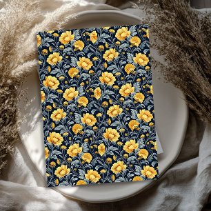 Papier Mousseline William Morris inspiré fleurs jaunes bleu marine