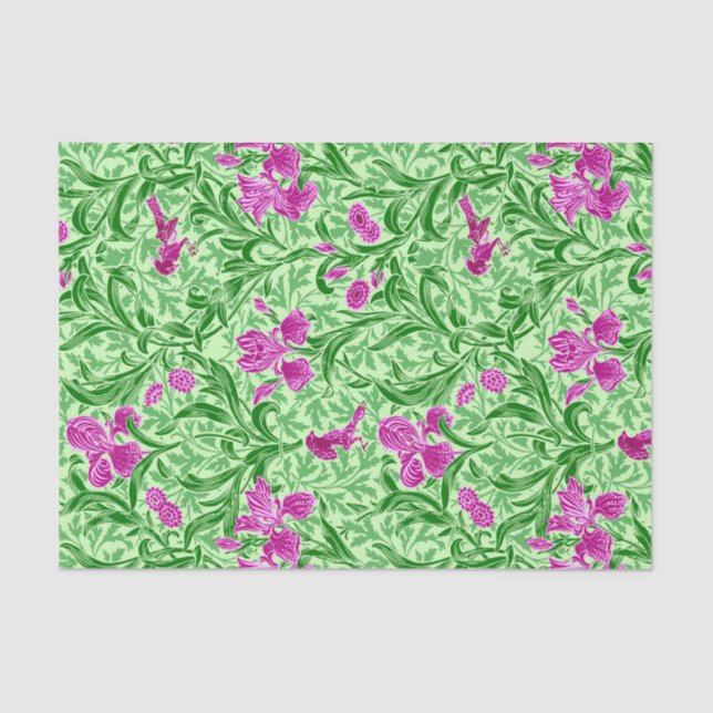 Papier Mousseline William Morris Irises, Green, Magenta et Orchid (Recto)