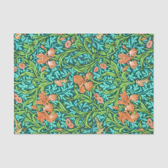 Papier Mousseline William Morris Irises, Orange et Turquoise (Recto)