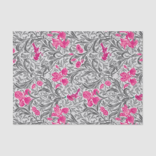 Papier Mousseline William Morris Irises, rose et gris argenté / gris (Recto)