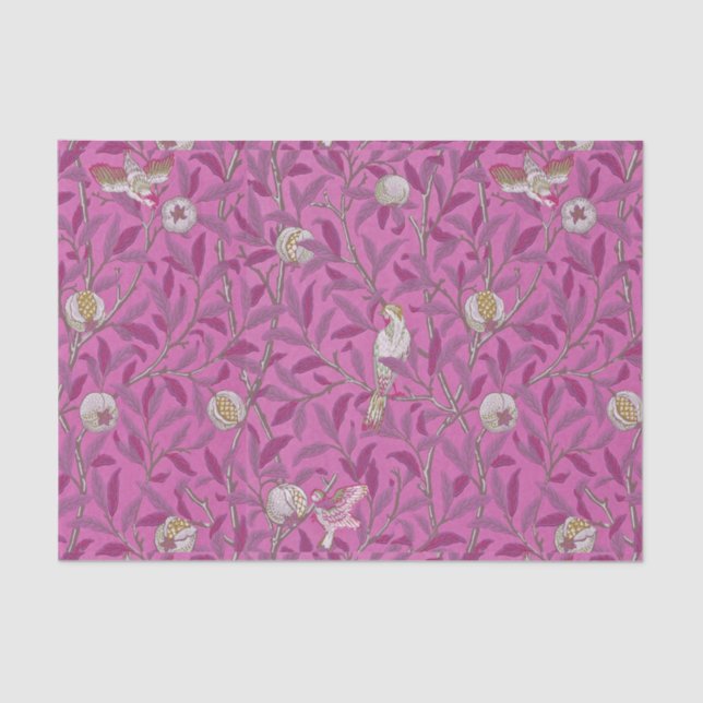 Papier Mousseline William Morris, Oiseaux et Pommegrenates - Rose (Recto)