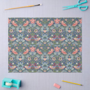 Papier Mousseline William Morris Strawberry Thief Marine Corail