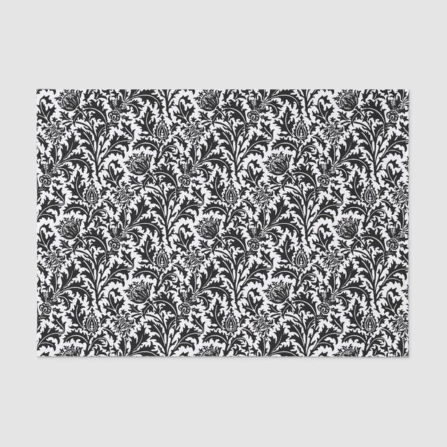 Papier Mousseline William Morris Thistle Damask, noir sur blanc   (Recto)