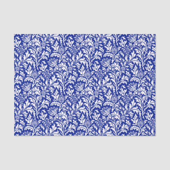 Papier Mousseline William Morris Thistle Damask White sur Cobalt Blu (Recto)