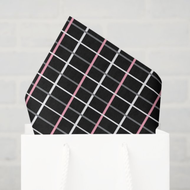 Papier Mousseline Window Pane Print in Black and White with Pink (Sac cadeau)