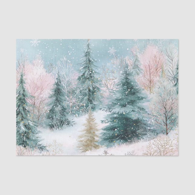 Papier Mousseline Winter Pine Tree Landscape Art with Pink & Gold (Recto)