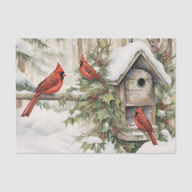 Papier Mousseline Winter Red Cardinals Birdhouse Ivy and Berries (Recto)