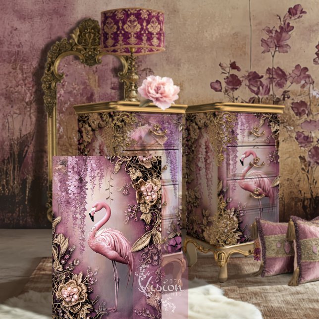 Papier Mousseline Wisteria Wonder Flamant rose Ethereal Floral (Wisteria Wonder, Flamingo Bird and ethereal floral, dusty mauve and lilac, decoupage tissue paper.)