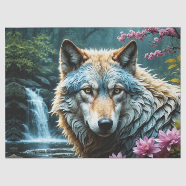 Papier Mousseline Wolf debout dans la rivière avec des fleurs (Recto)