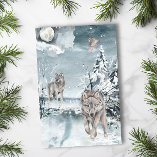 Papier Mousseline Wolf Moon Paysage d'hiver Aquarelle