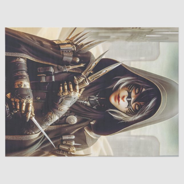 Papier Mousseline Woman Warrior habillée en noir Sci Fi Decoupage (Recto)