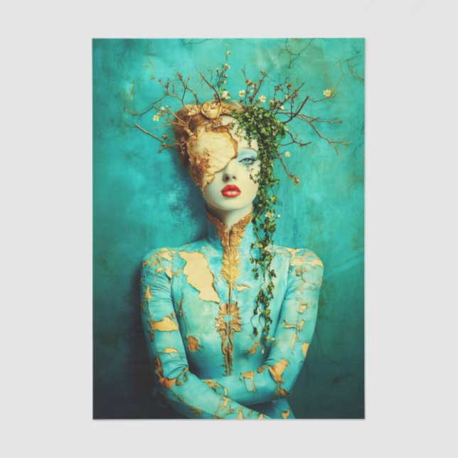 Papier Mousseline Woman with Gold Mask and Ivy Crown EN1L Decoupage (Recto)