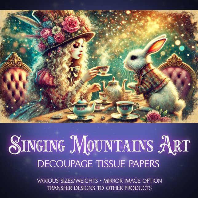 Papier Mousseline Wonderland Magic Girl and Rabbit Teatime Decoupage (Créateur téléchargé)