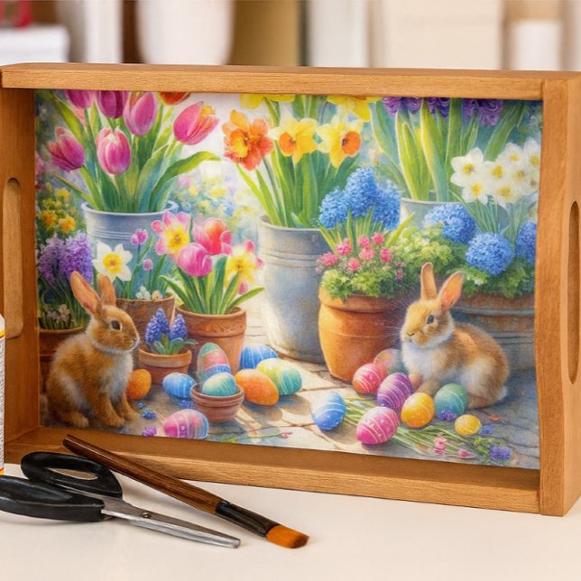 Papier Mousseline Yellow Daffodils and Garden Rabbits  (Spring floral decoupage tray with rabbits, Mod Podge, and tools in a cozy craft room setting.)