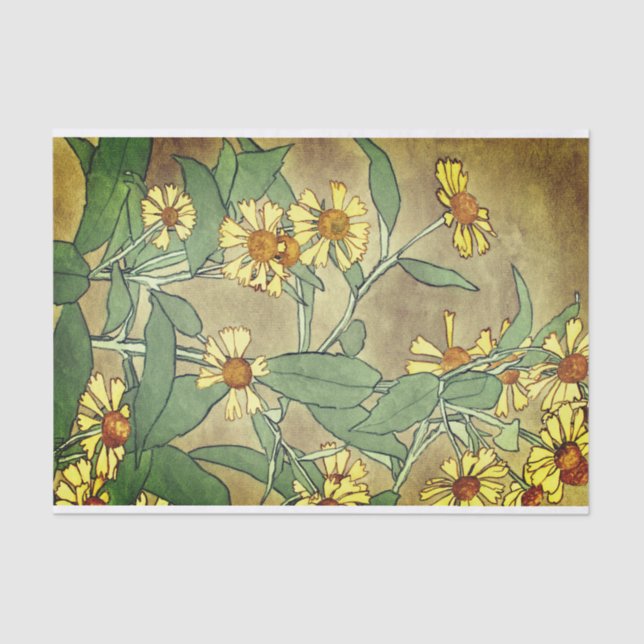 Papier Mousseline Yellow Zinnias aquarelle peinture Brown (Recto)