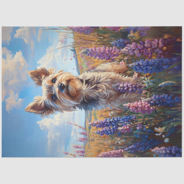 Papier Mousseline Yorkie Terrier Purple Lupine Fleurs Découpage (Recto)