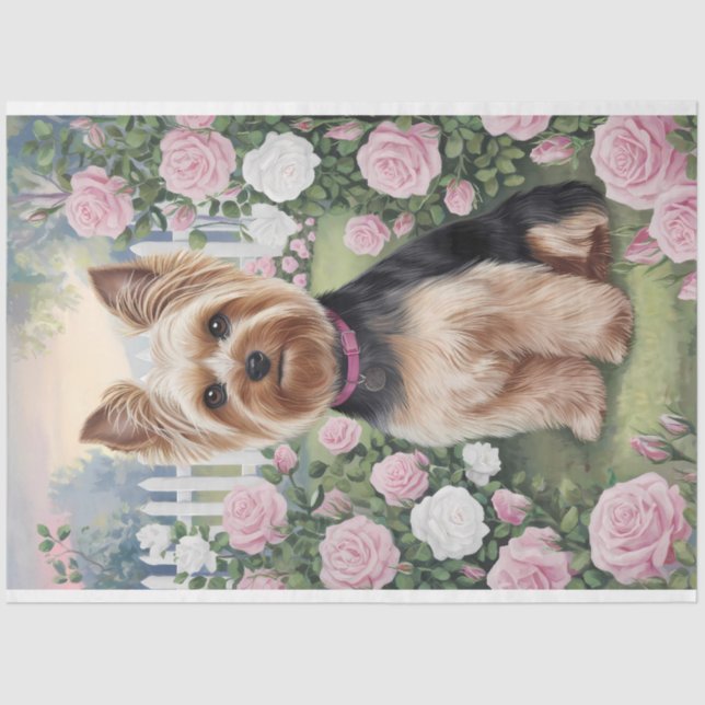Papier Mousseline Yorkshire Terrier Rose Jardin Peinture Découpage (Recto)