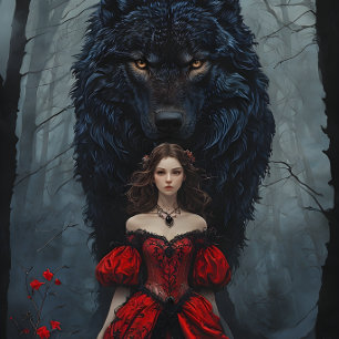 Papier Mousseline Young Woman In Red Gown With Black Wolf Guardian