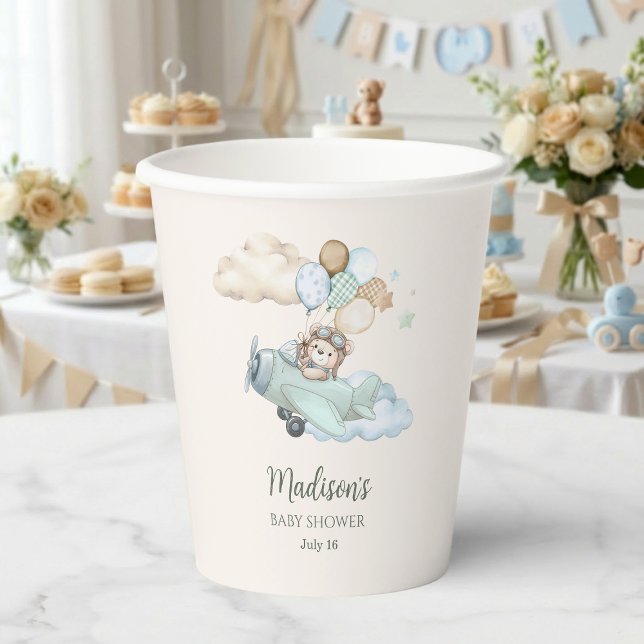 Papier Nous pouvons à peine attendre les gobelets en papi (Aviator Teddy Bear Baby Shower Paper Cup. Blue Boy Airplane. We Can Bearly Wait.)