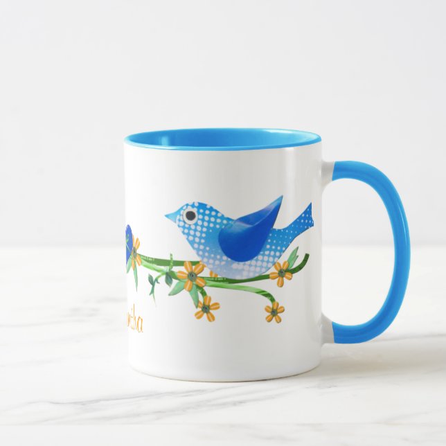 Papier Oiseaux Nom personnalisé Mug bleu (Droite)