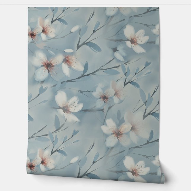 Papier Peint 21e Anniversaire crème bleu fleur amande (Déroulement)