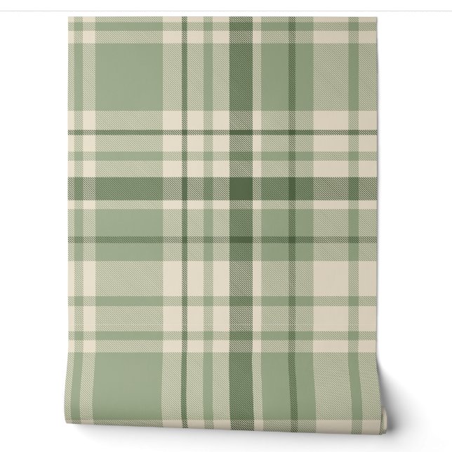 Papier Peint 24" Vert Sauge Tartan Plaids (Déroulement)