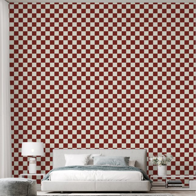 Papier Peint 2" Damier Rustique Rouge & Blanc Ivoire (Chambre à coucher)