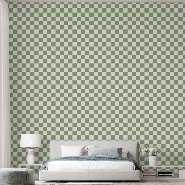 Papier Peint 2" Damier Vert Sauge & Blanc Ivoire (Chambre à coucher)