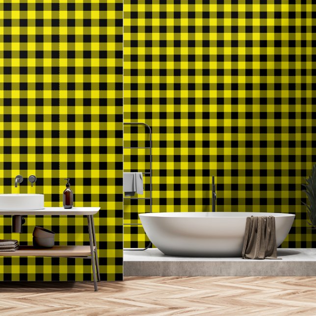 Papier peint à carreaux noir et jaune (Salle de bain)