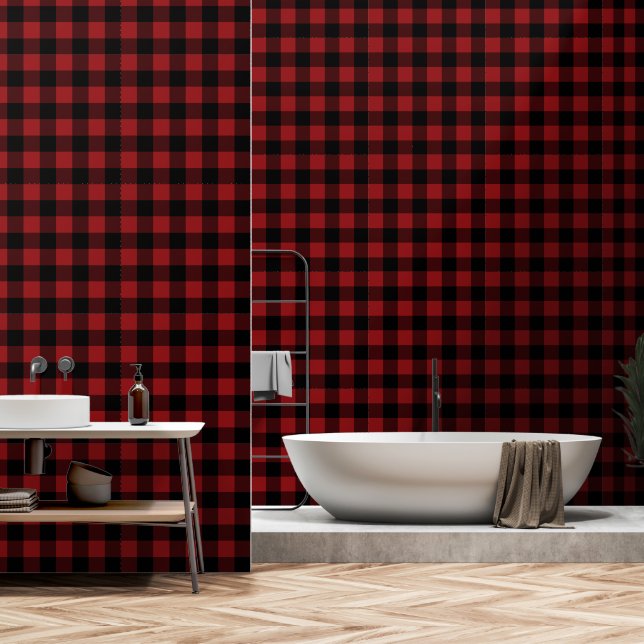 Papier peint à carreaux noir et rouge (Salle de bain)