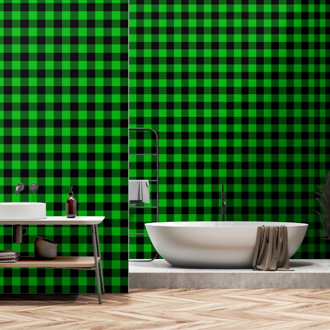 Papier peint à carreaux noir et vert (Salle de bain)