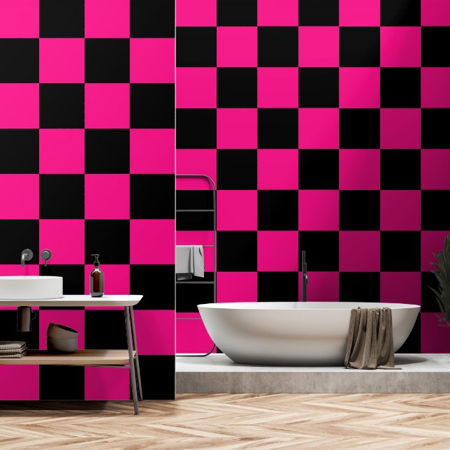 Papier Peint à damiers carré rose chaud noir rétro géométrique (Salle de bain)