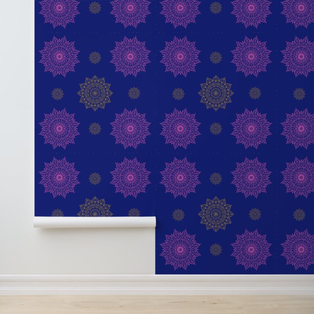 Papier Peint à Motif Mandala Bleu Royal Rose & Or (Application)