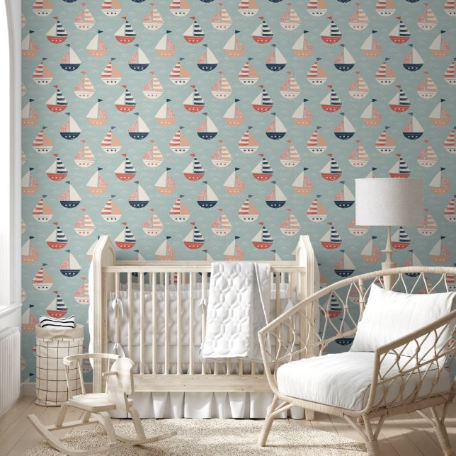 Papier peint à motif nautique vert pâle sans coutu (Enfants)