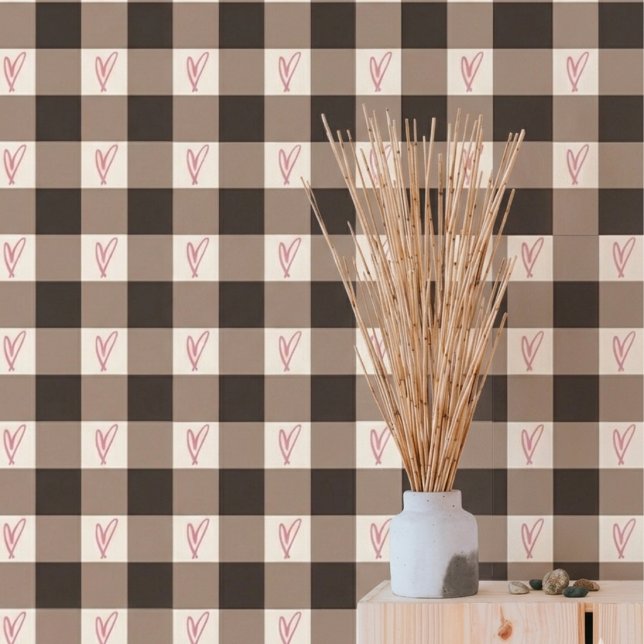 Papier peint à texture gingham et cœur marron esth (Créateur téléchargé)
