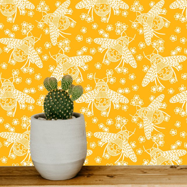 Papier Peint Abeille de miel jaune et blanc (Sunshine honey yellow and white honey bee pattern art wallpaper)
