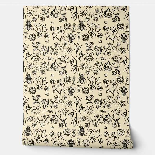 Papier Peint Abeilles de miel mignonnes Boho Floral moderne Jau (Déroulement)