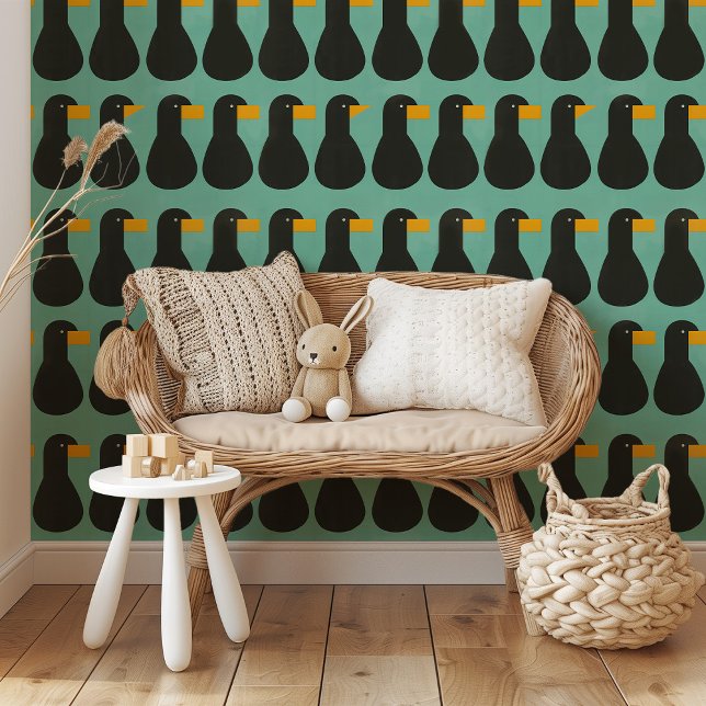 Papier Peint Abstrait moderne Motif d'oiseaux Gras Noir & Turqu (Créateur téléchargé)