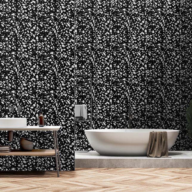 Papier Peint Abstrait Terrazzo Mosaic Motif noir et blanc (Salle de bain)