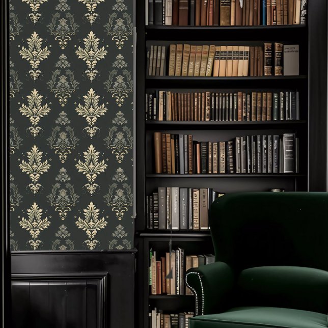 Papier Peint Academia foncé Dusty vert et beige décoratif (Dark Academia Dusty Green and Beige Decorative Wallpaper in a library.)