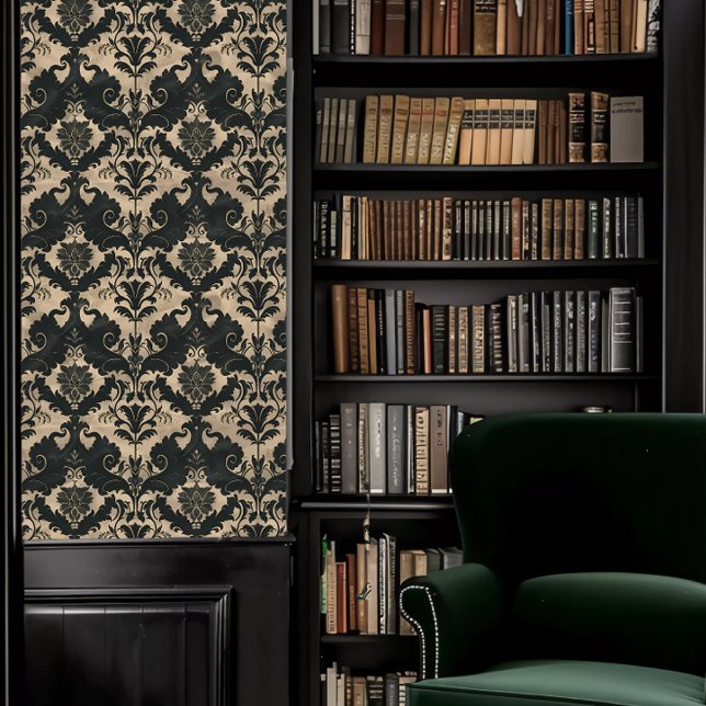 Papier Peint Académies sombres Noir et Beige Décor (Dark Academia Black and Beige Decorative Wallpaper in a library.)