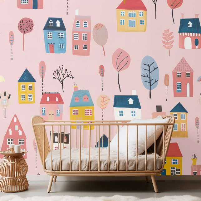Papier Peint "Adorable Maisons de ville rose (Créateur téléchargé)