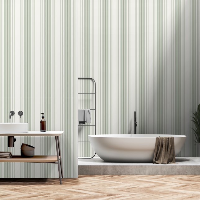 Papier Peint Agritourisme Ticking Stripes, Sage Green sur Crème (Salle de bain)