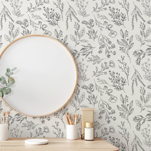 Papier Peint AMELIA Floral Boho Botanique Crème et gris