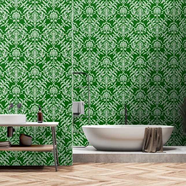 Papier Peint Amovible Couleur Vert Foncé Damas (Salle de bain)