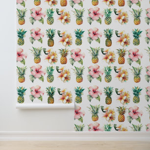 Papier Peint Ananas tropicaux Hibiscus rose Plumeria Fleurs