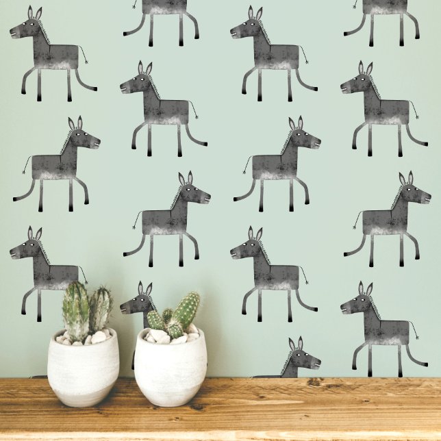 Papier Peint Âne amusant gris motif vert sauge (Fun donkey pattern peel and stick wallpaper in gray and sage green)