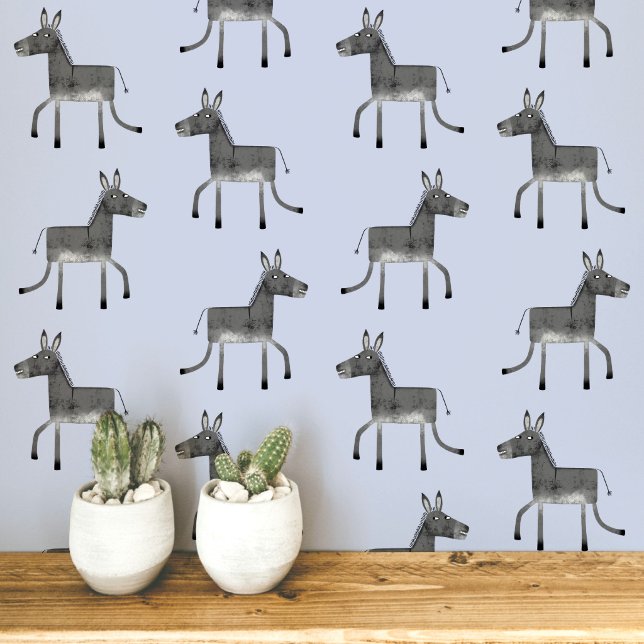 Papier Peint Âne gris bleu amusant motif (Fun donkey pattern peel and stick wallpaper in gray and blue)
