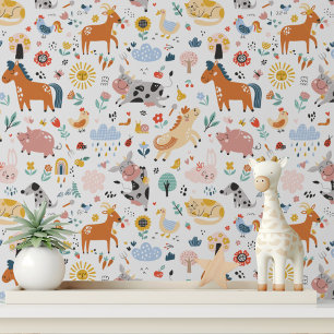Papier Peint Animaux de Ferme Mignons pour Nurserie Autocollant
